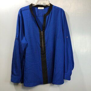 Calvin Klein Royal Blue & Black Blouse Roll Tab Sleeves